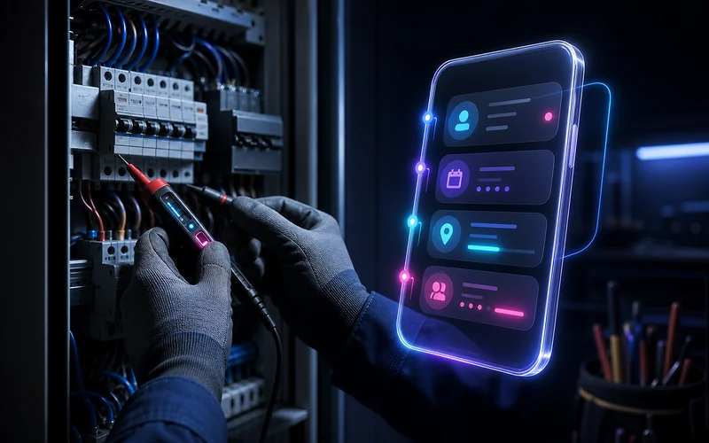 Électricien à Toulon utilisant un outil de diagnostic et un planning digital