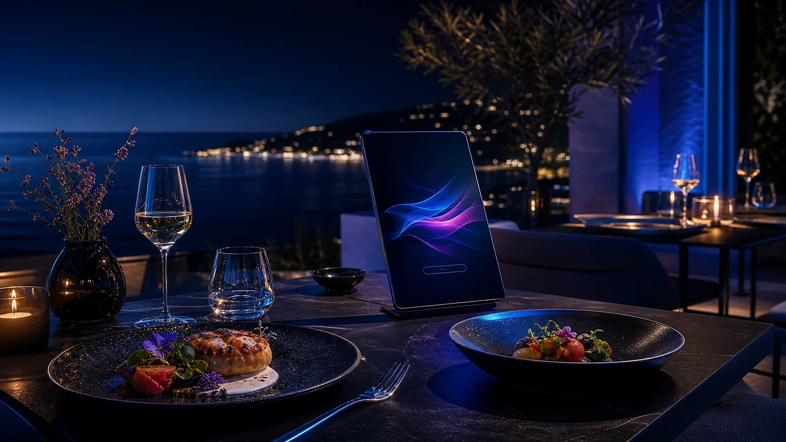 Restaurant dans le Var avec table méditerranéenne et menu digital sur tablette près de Toulon