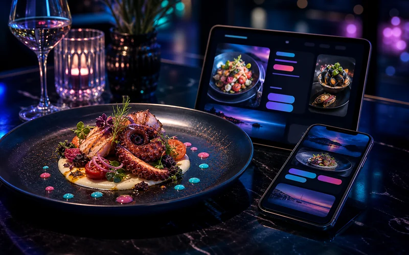 Menu digital et plat méditerranéen pour un restaurant du Var